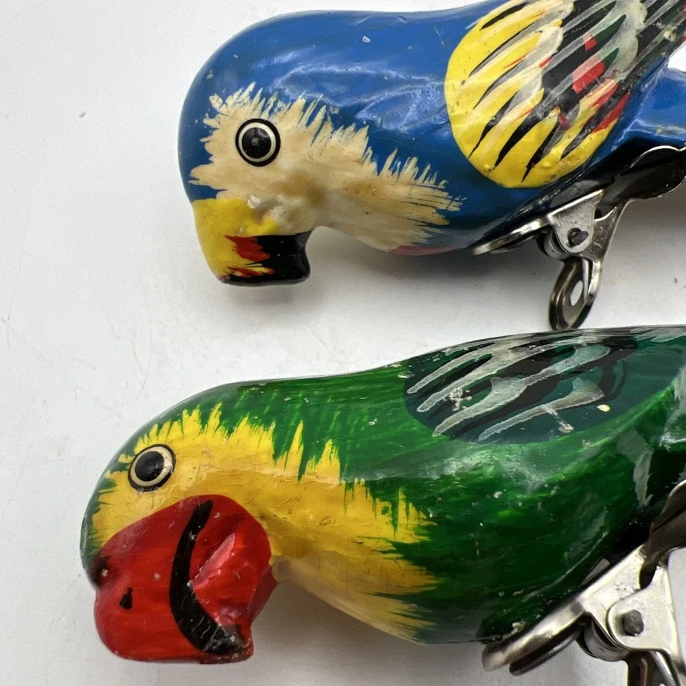 Vintage Hand Painted Carved Wood Parrot Clip On Ornaments Pair Philippines MCM
